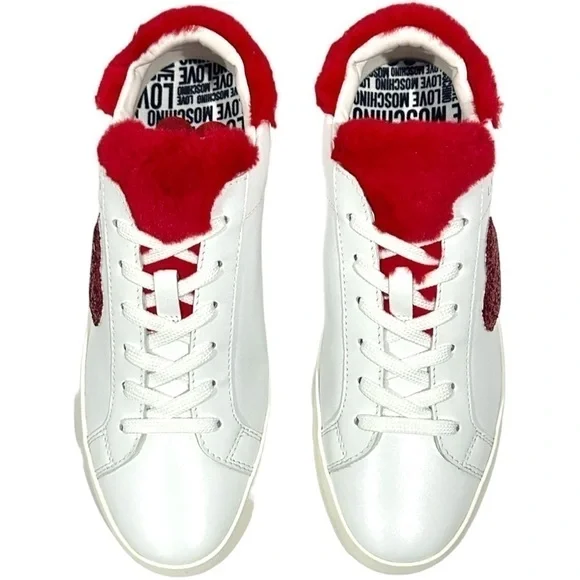 Love Moschino Logo Glitter-Red Heart With Red Faux Fur detail low-top sneaker - Picture 9 of 16